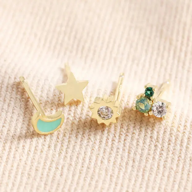 Set of Four Crystal Celestial Stud Earrings in Gold