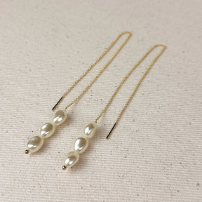 18k Gold Filled Row of Faux Baroque Pearls Threader Earrings