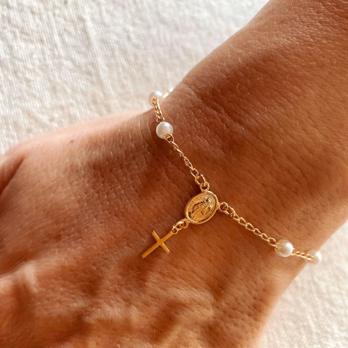 18k Gold Filled Pearl Rosary Bracelet