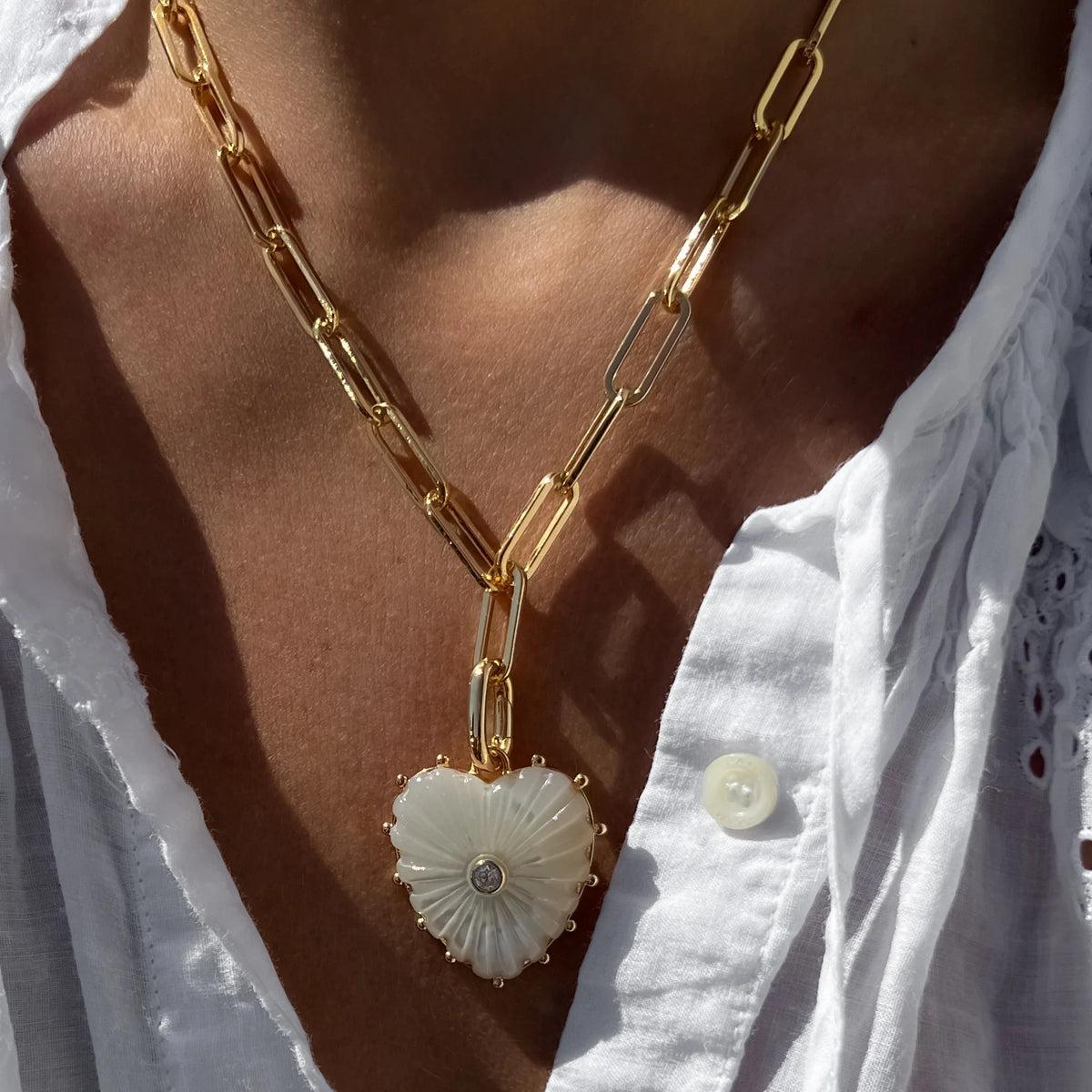 Malene Mother of Pearl Heart Chain Link Necklace